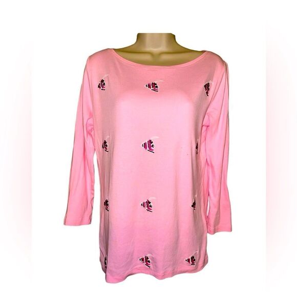 TALBOTS TEE  S Like New Embroidery Little Fishes pink Long Sleeve Lightweight - Picture 1 of 4